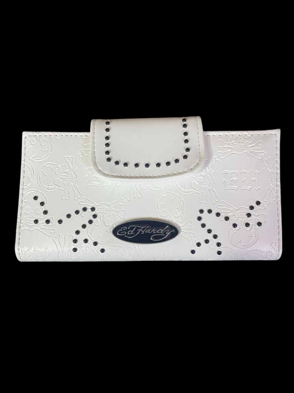 Ed Hardy White Embossed Skull Studded Vegan Leather Multi-Compartment Wallet NWT